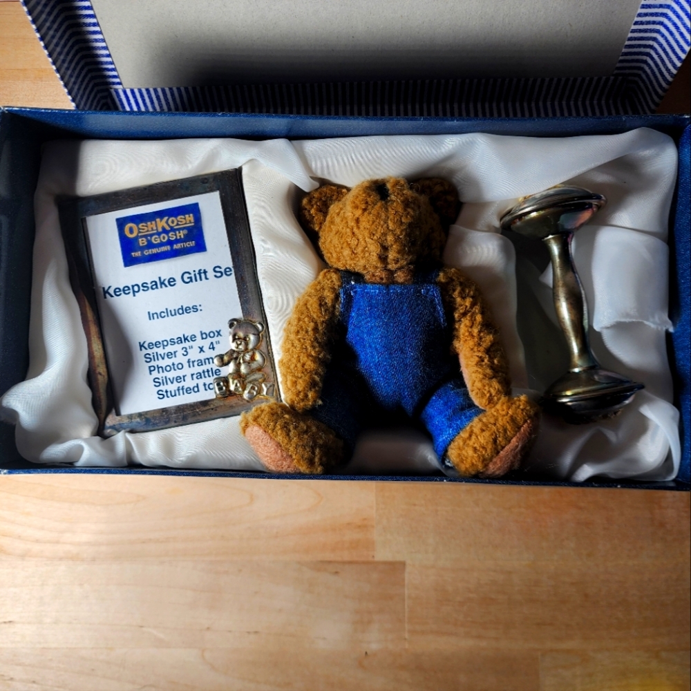 Silver Oshkosh‎ Keepsake Frame, Bear in Overalls, & Rattle Set Vintage NIB Rare